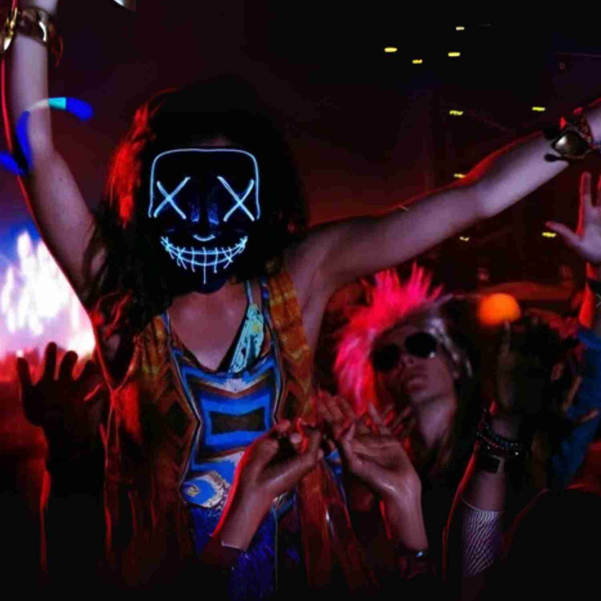 Blue LED light-up mask perfect for Halloween parties and events.