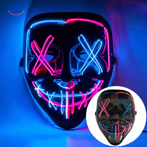 LED mask combining neon blue and pink light for vibrant party vibes.