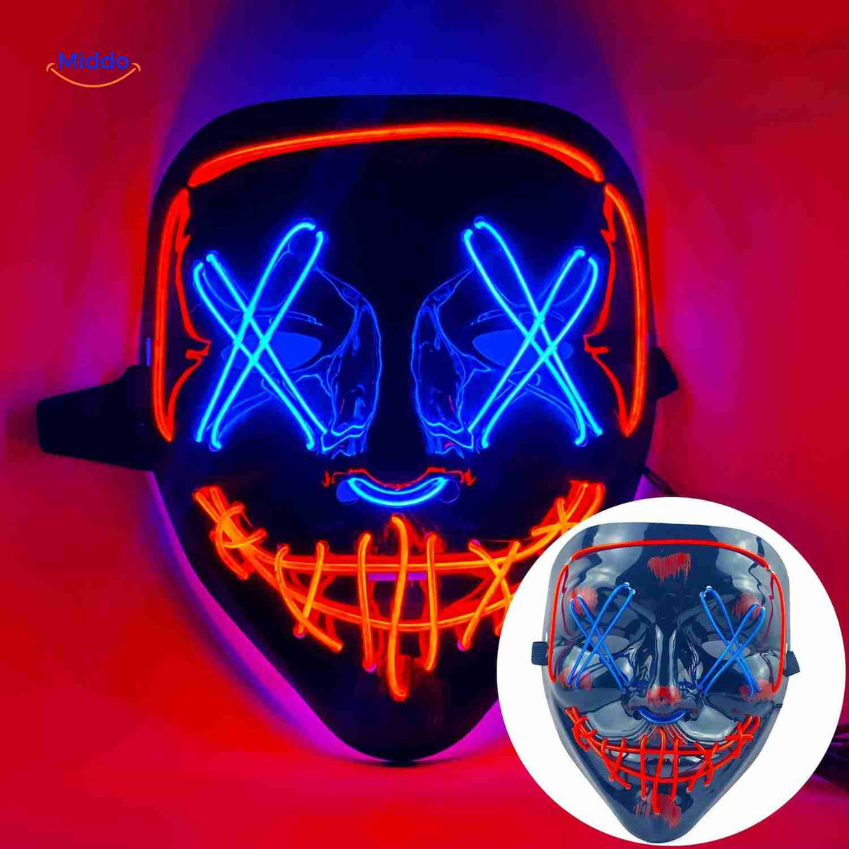 Light-up party mask with blue and red LED glow effects.