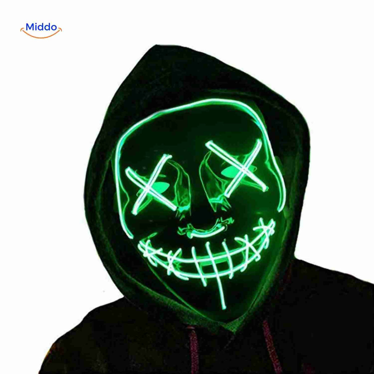 Model wearing green LED light-up mask for costume showcase.