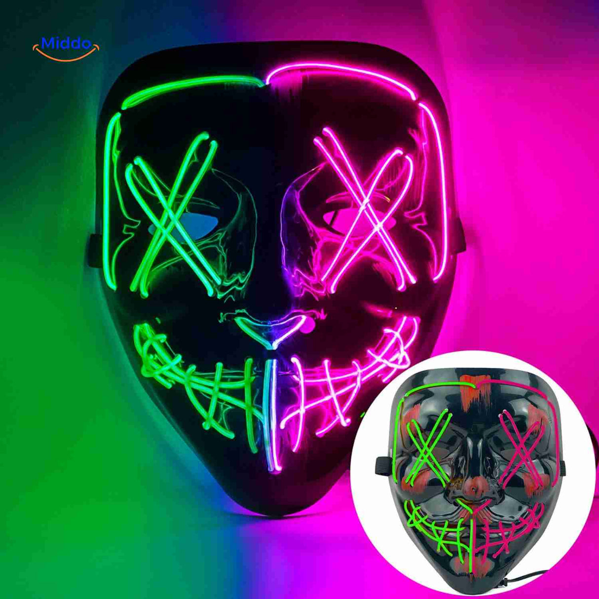 Multicolor LED mask blending green, purple, and pink neon light.