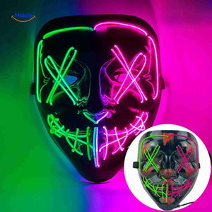 Multicolor LED mask blending green, purple, and pink neon light.