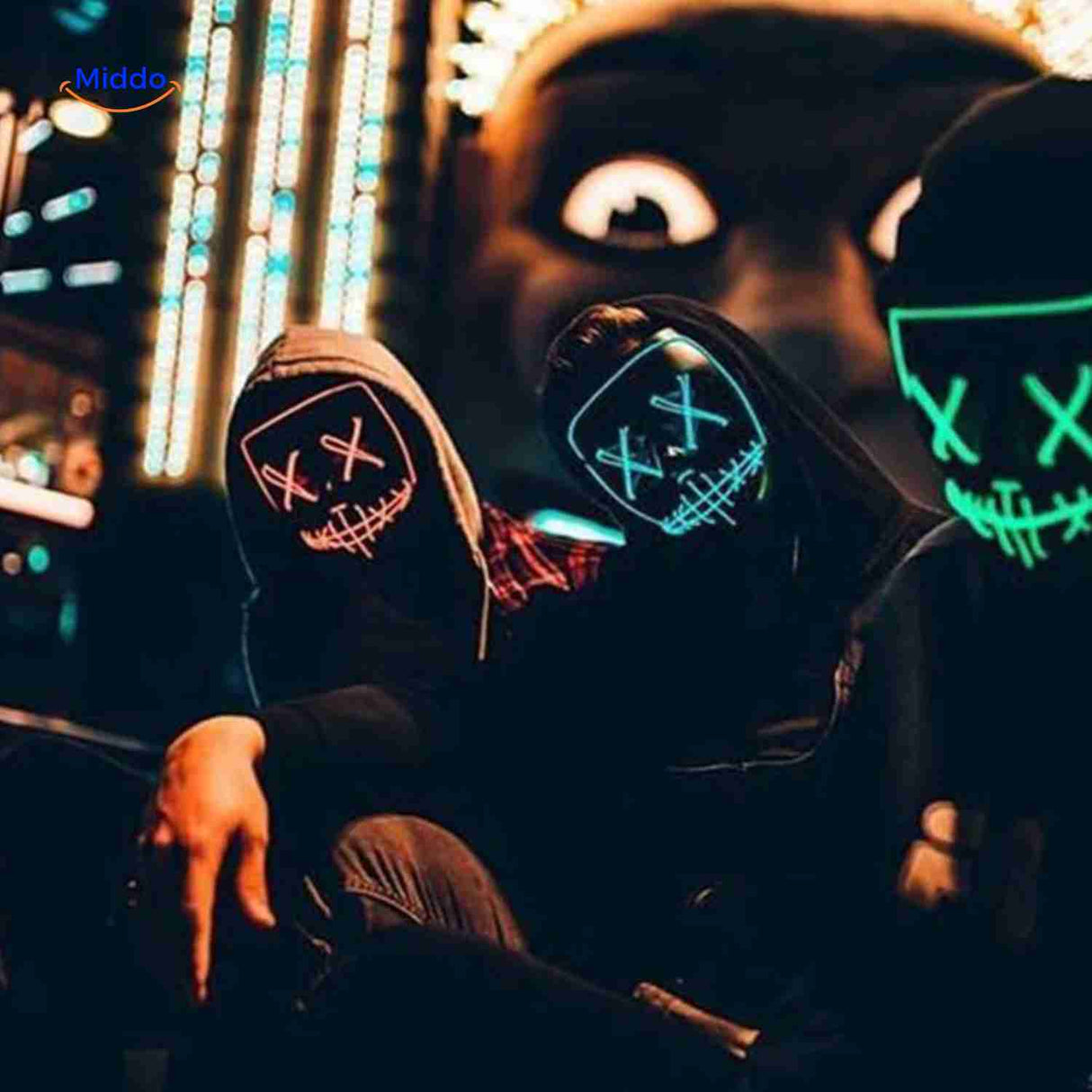 Group of people wearing glowing LED masks at night for parties.