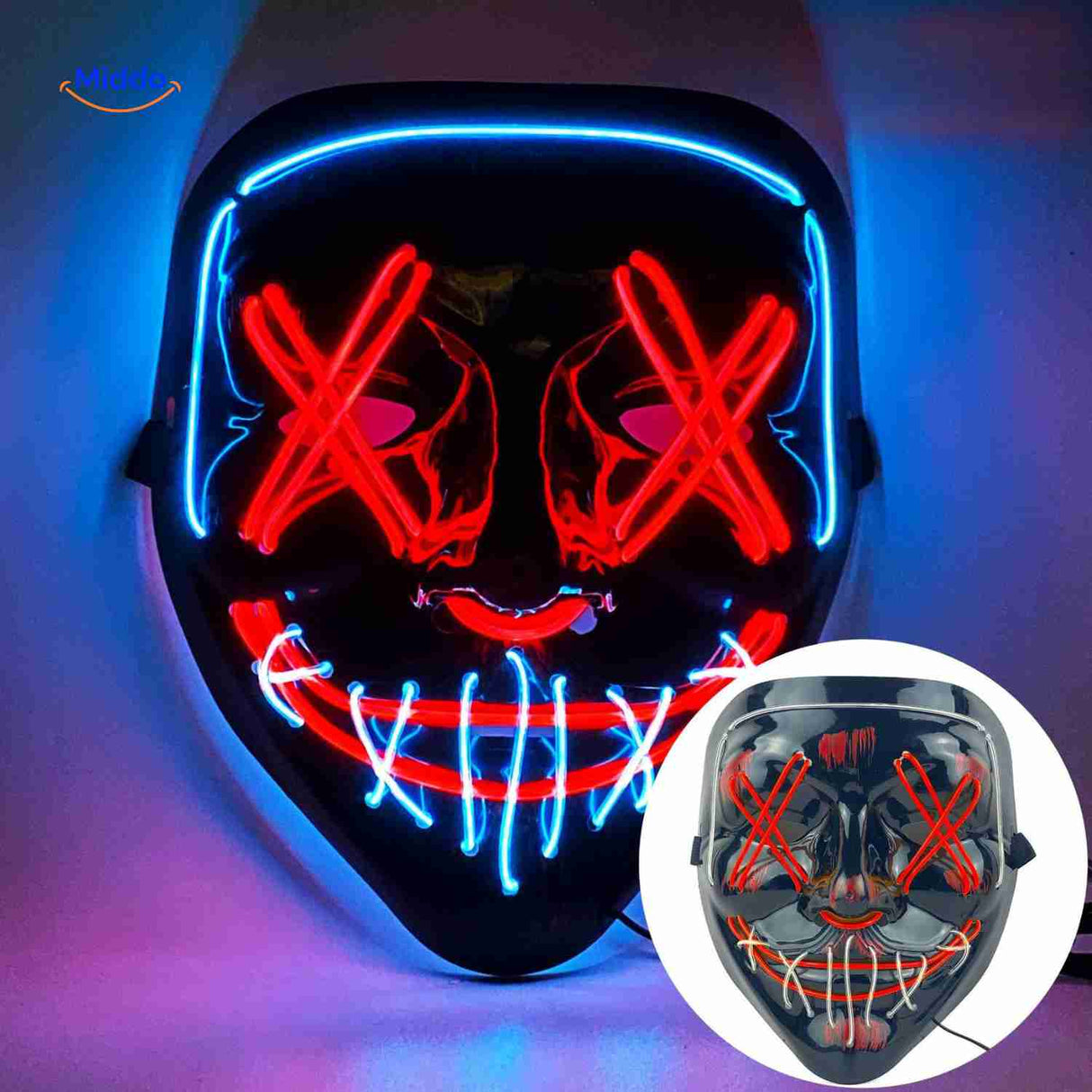 Spooky LED light-up mask with bright red and blue glow.