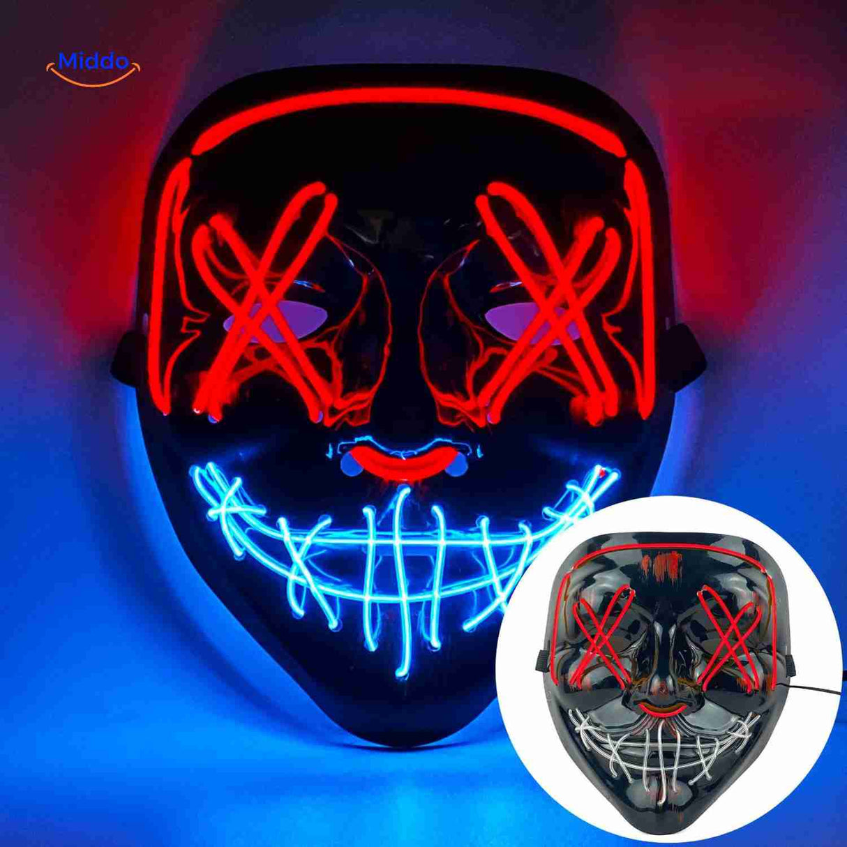 Scary light-up mask with red and blue LED glow for Halloween fun.