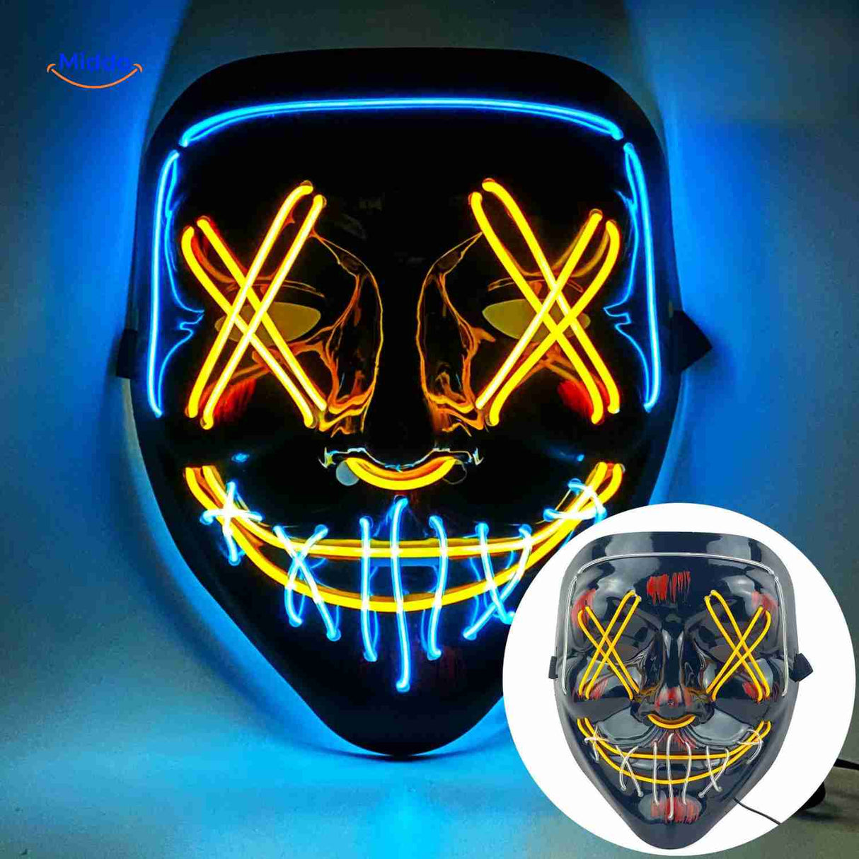 LED glow mask with yellow and blue neon light effects.