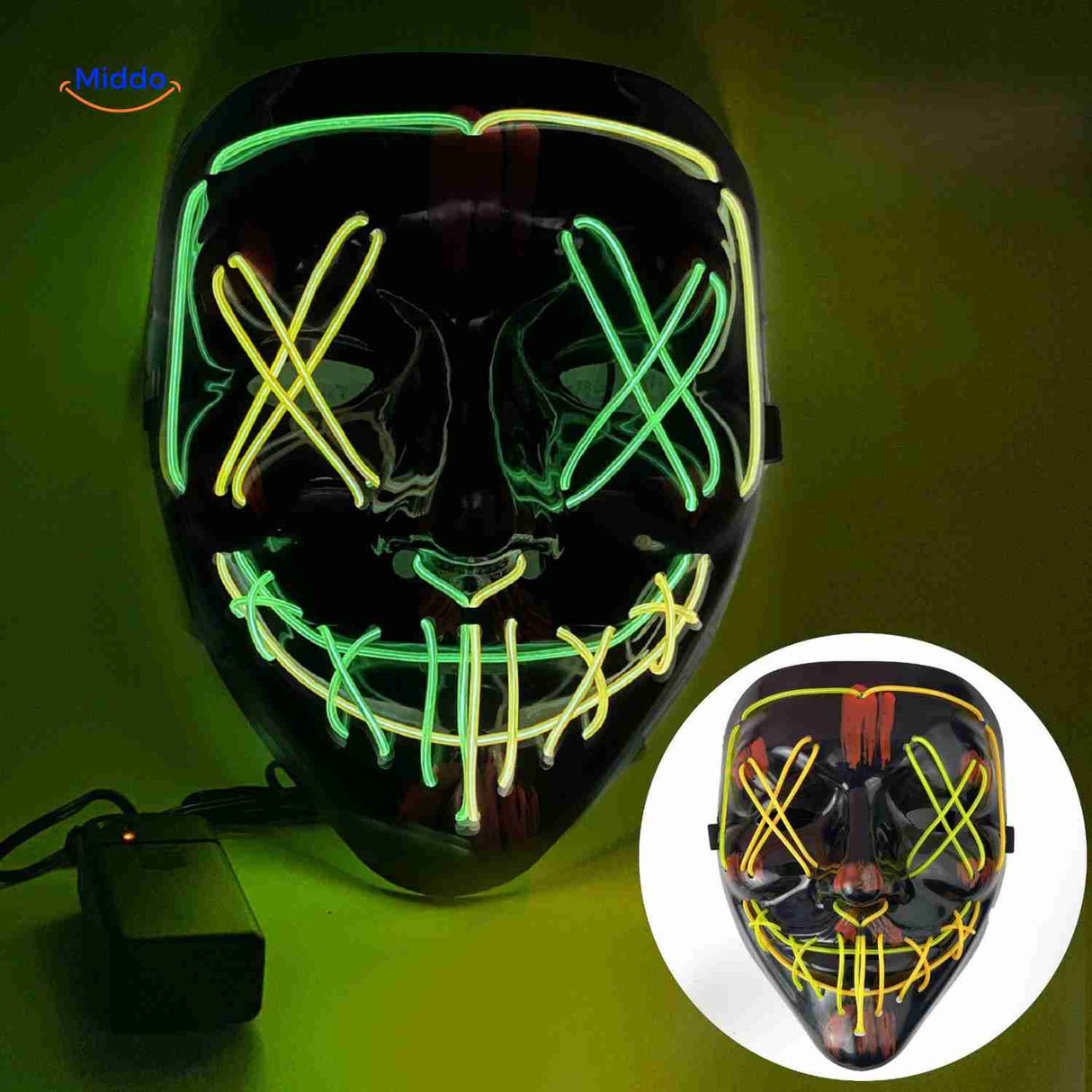 LED light-up mask in yellow and green for bright, energetic party costumes.