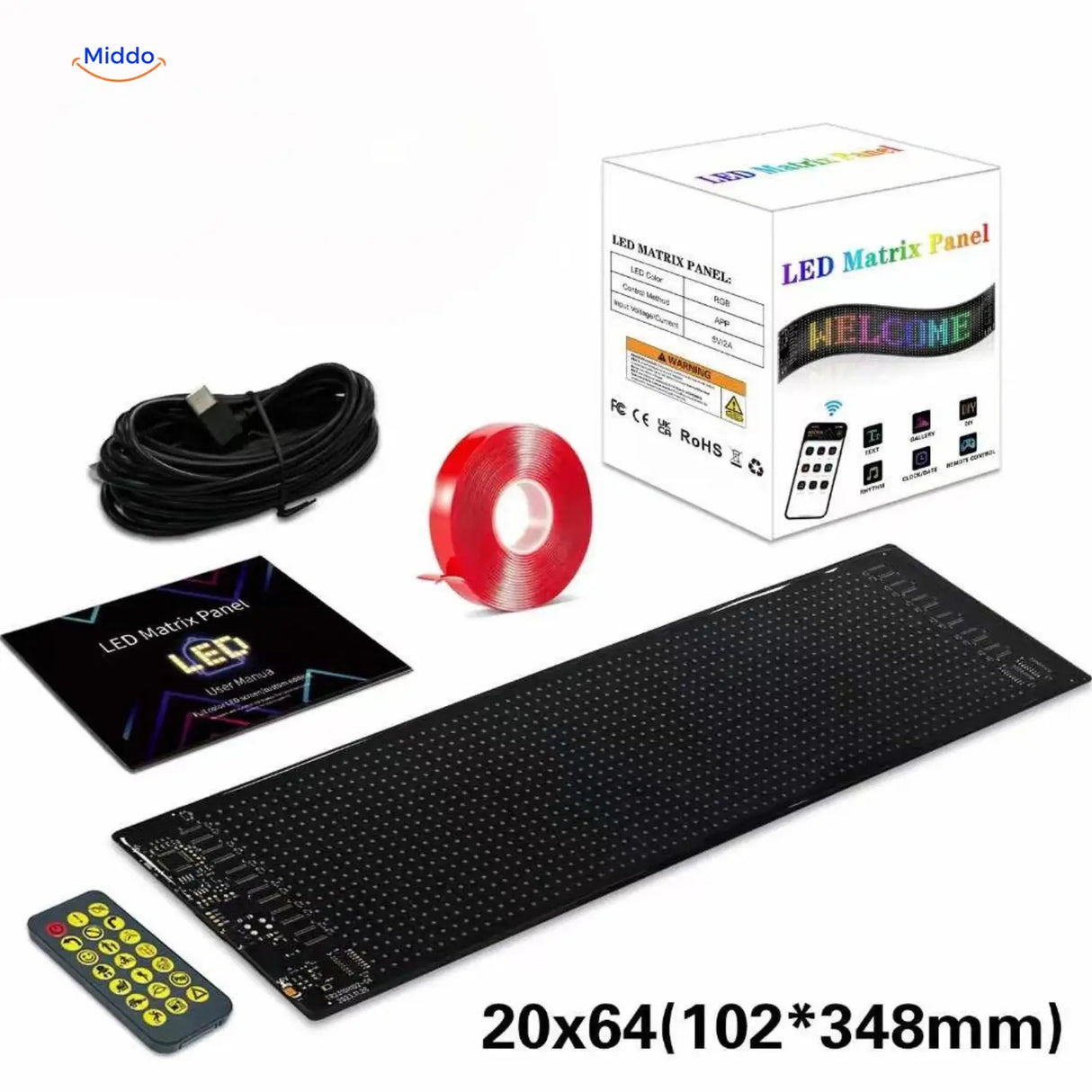 DriveFlex 20x64 LED matrix panel specifications and dimensions.