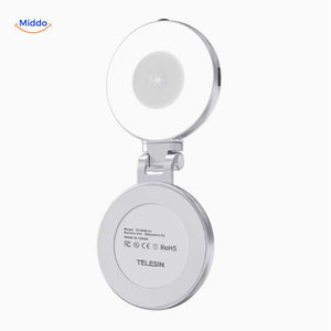 Rechargeable LED ring light with flexible hinge bracket.