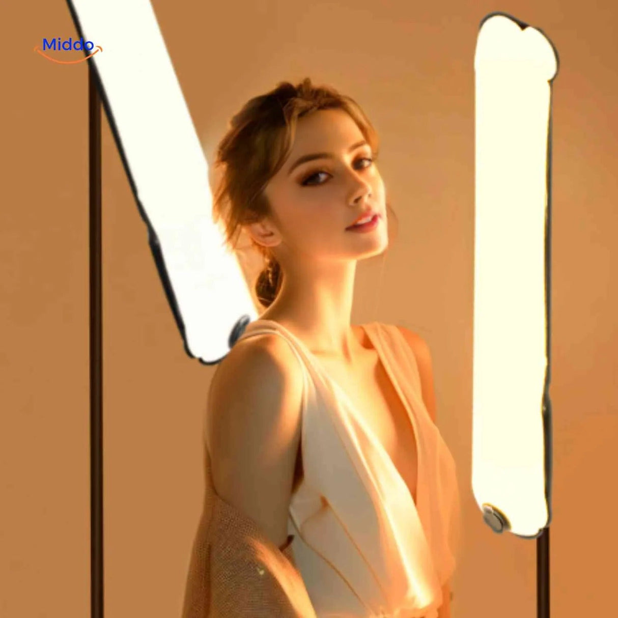 Professional LED magnetic tube light setup for flattering portrait photography.