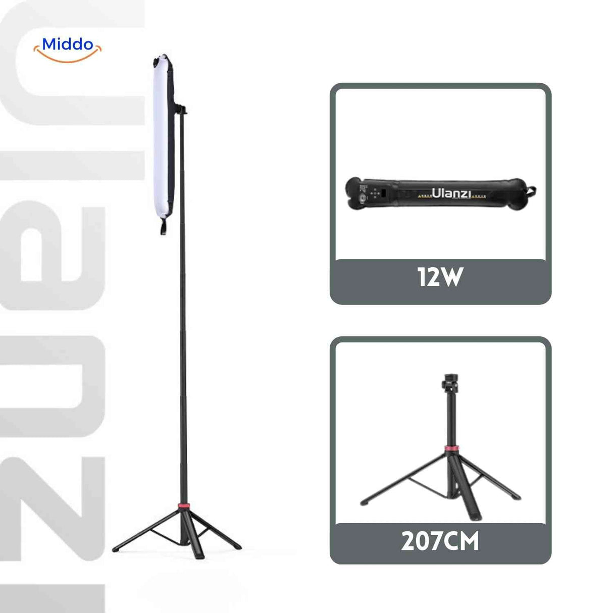 12W soft LED lamp on adjustable 207cm tripod for professional studio lighting.