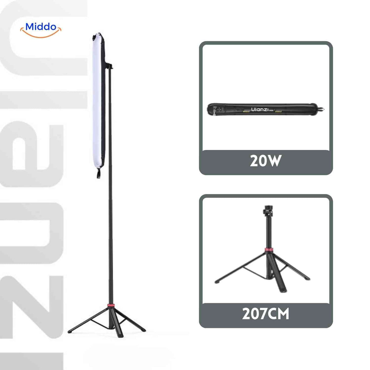 20W LED tube light on professional 207cm tripod stand for studio setup.
