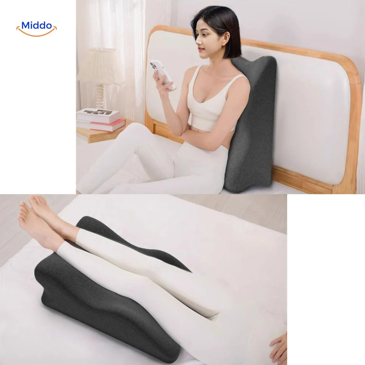Leg elevation pillow in use on bed providing daily support and pressure relief.