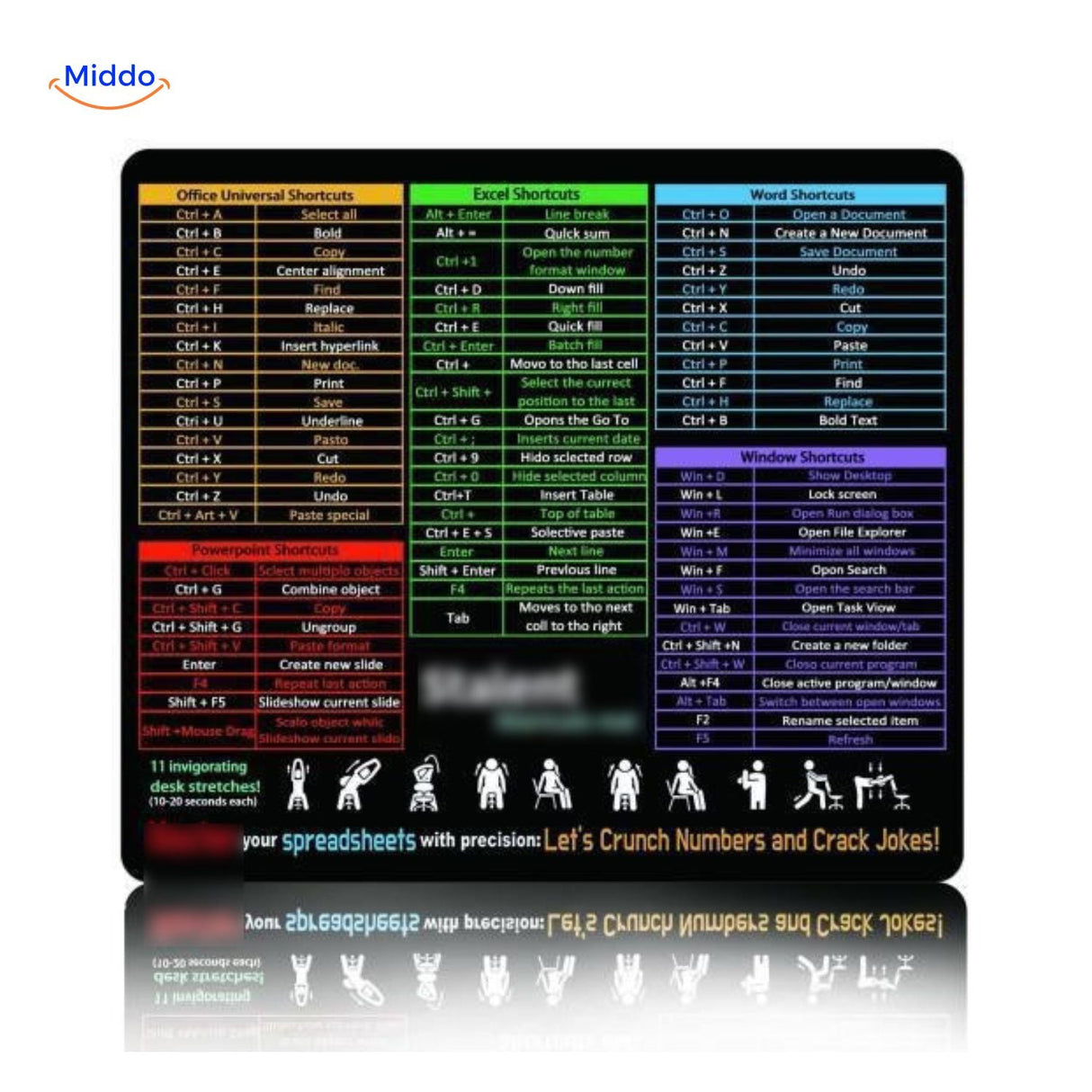 Lernopad computer mouse pad with Excel and Word shortcut keys for office desk workspace.