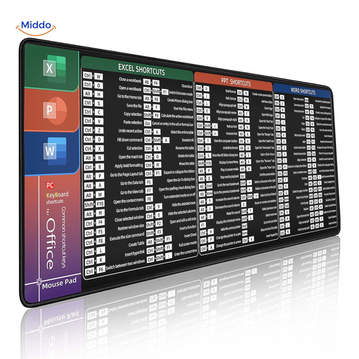 Lernopad mouse pad with Excel, PowerPoint, and Word shortcut key reference for PC users.