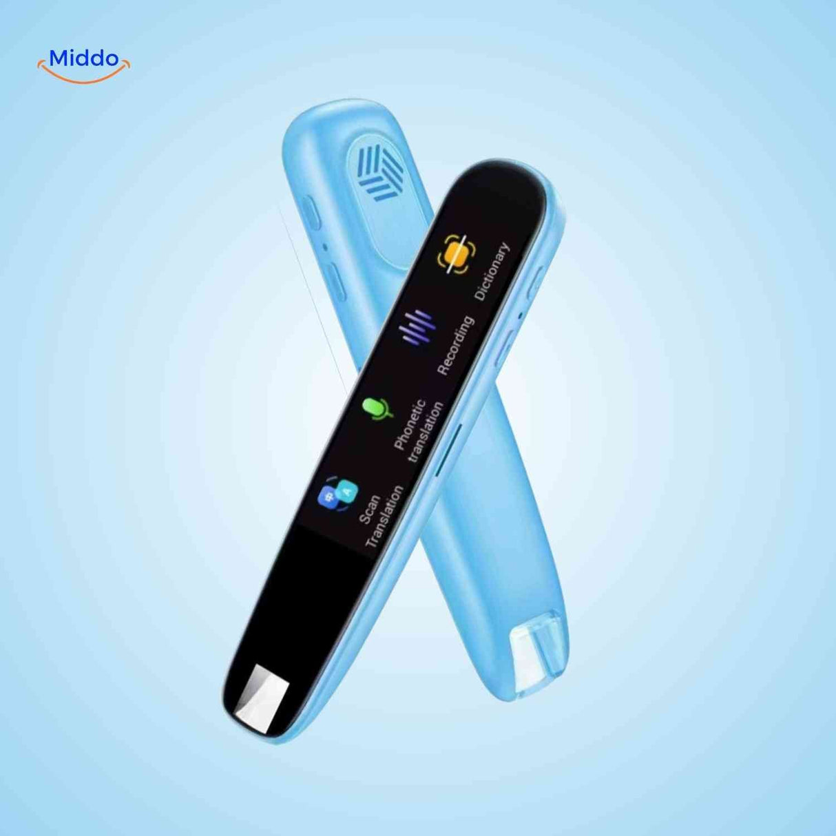 Lexipen translator pen in blue with integrated audio translation feature.