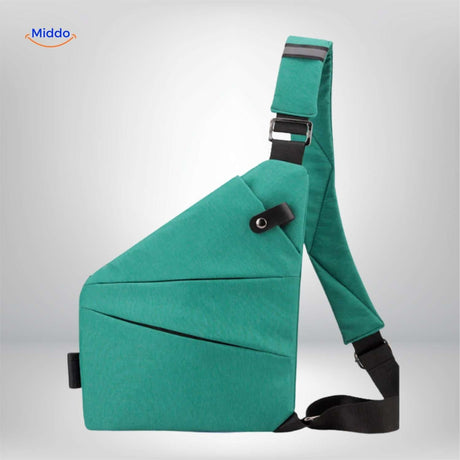 Green Stratos sling bag lifestyle product wear shot.