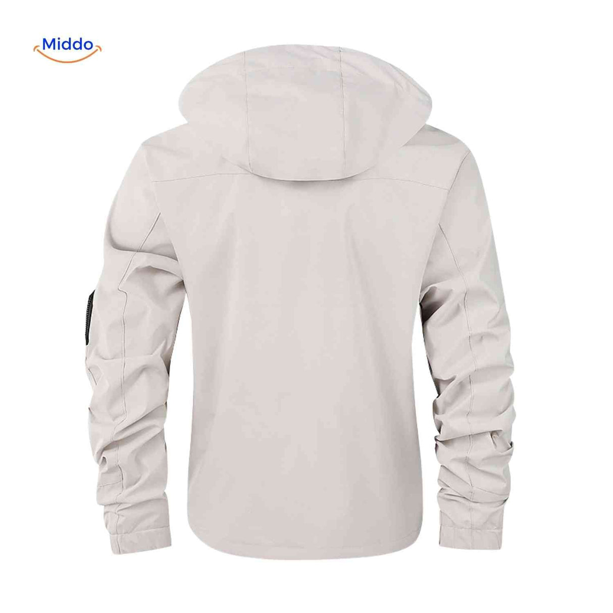 Light beige water-resistant men's winter jacket with hood and elastic cuffs.