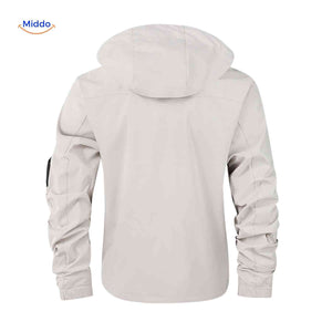 Light beige water-resistant men's winter jacket with hood and elastic cuffs.