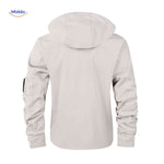 Light beige water-resistant men's winter jacket with hood and elastic cuffs.