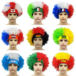 Light blue curly fan wig with headband for sports fans.