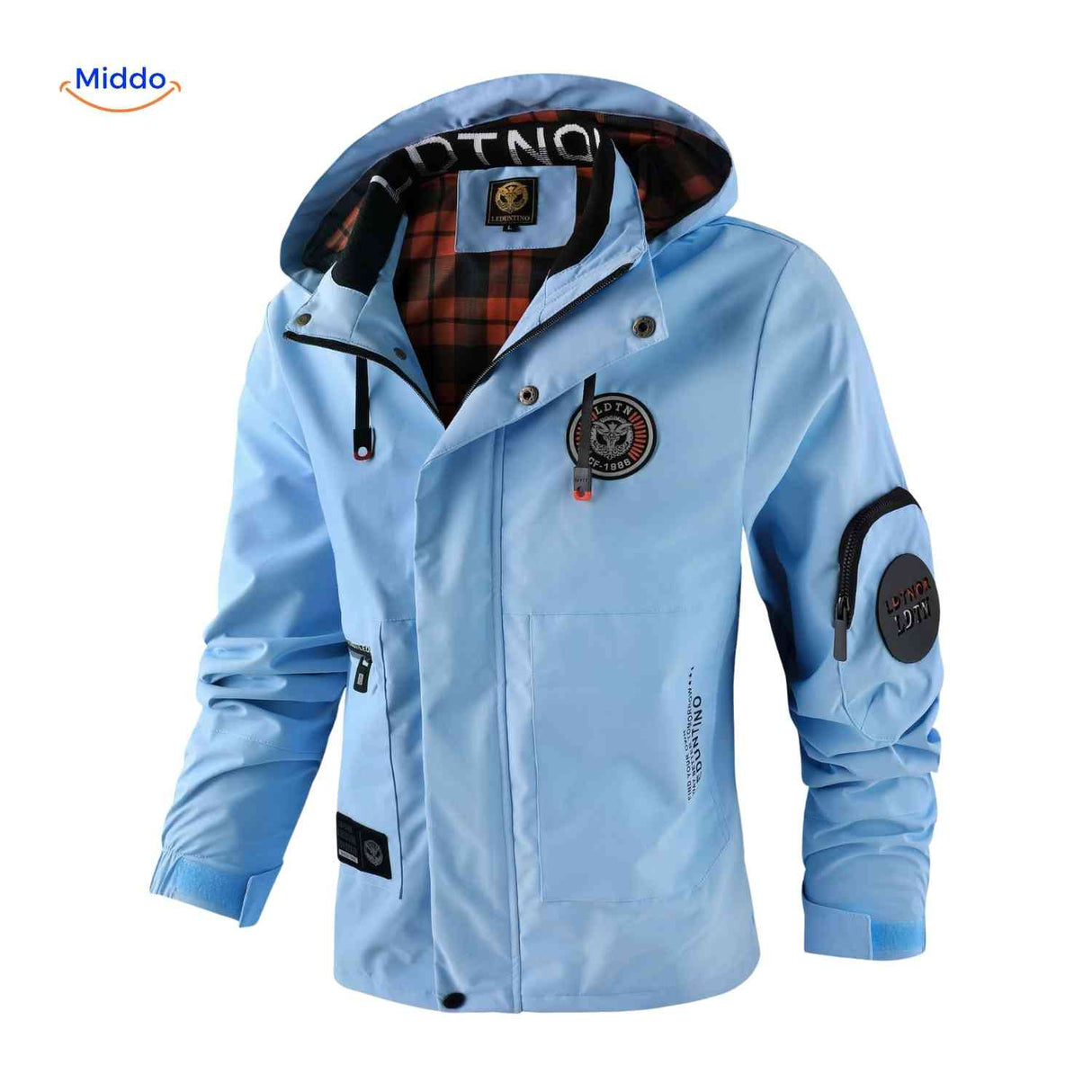 Light blue water-resistant men's outdoor jacket with hood and zip pockets.