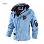 Light blue water-resistant men's outdoor jacket with hood and zip pockets.