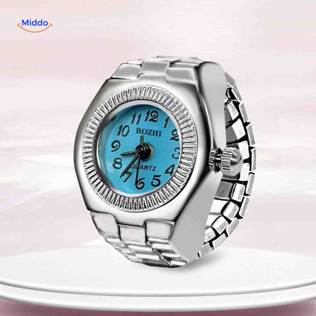 Light blue round ring watch in unisex style with soft hue.