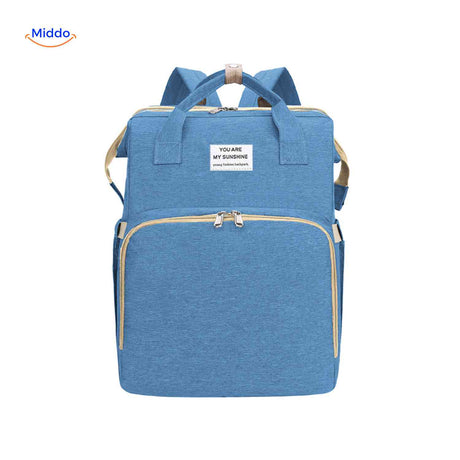 Light blue trendy diaper backpack with bassinet and comprehensive storage.