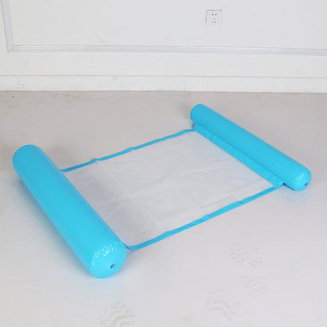 Light blue inflatable water hammock in swimming pool.
