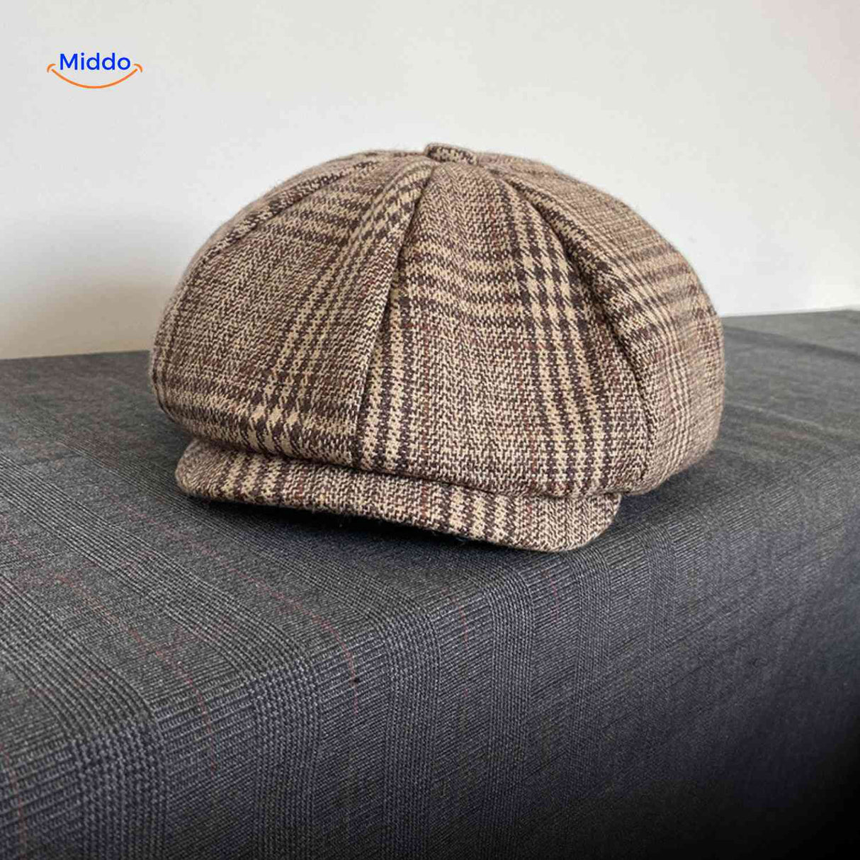 Light brown plaid wool vintage newsboy cap with comfortable fit.