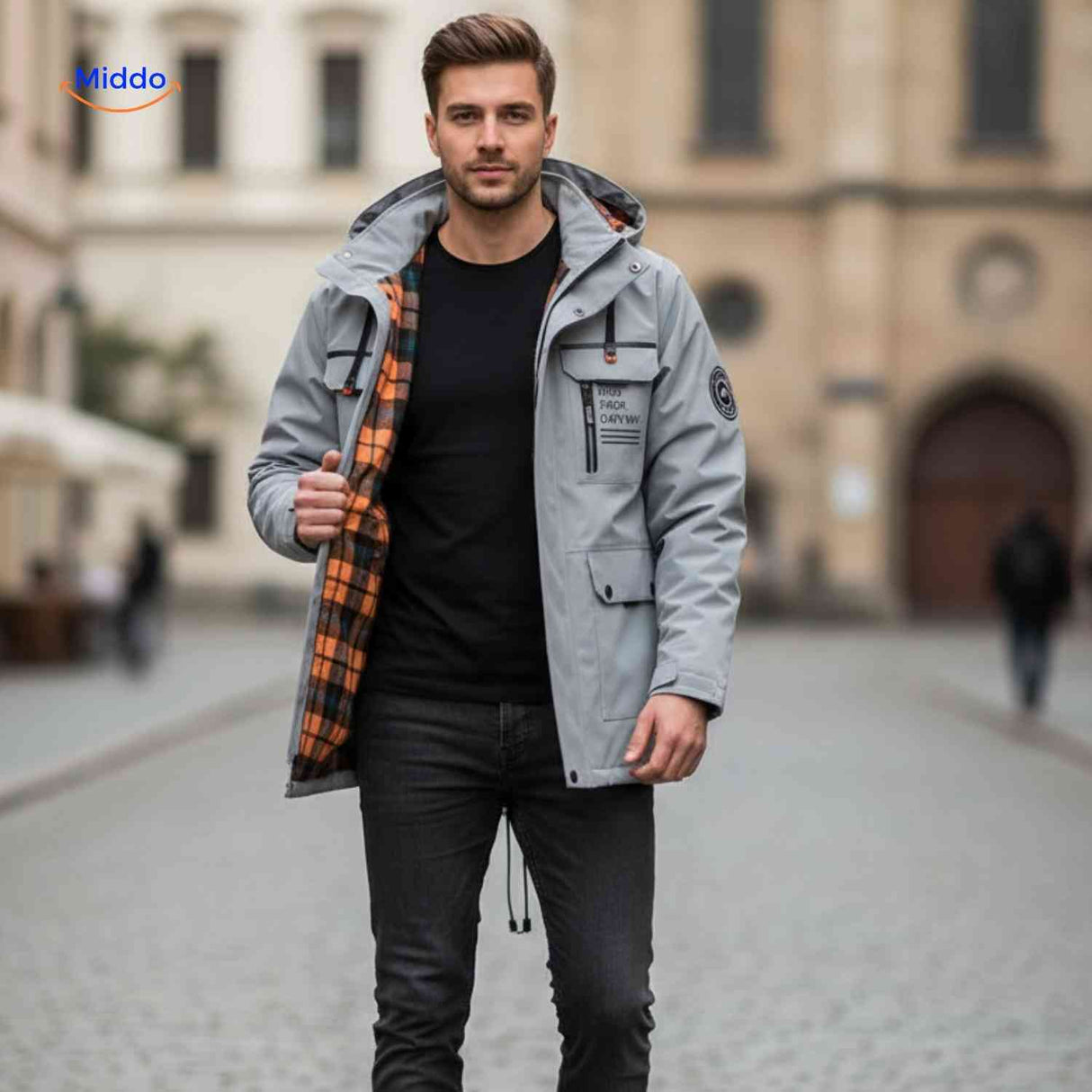 Light gray water-resistant men's jacket with hood and zip closure.