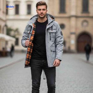 Light gray water-resistant men's jacket with hood and zip closure.