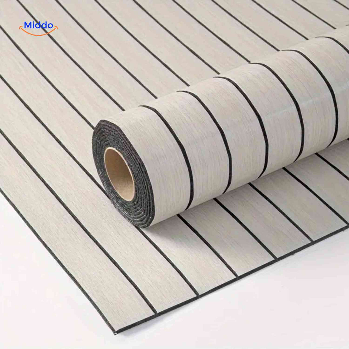 Light grey self-adhesive slat wall panels rolled out showing full surface coverage.