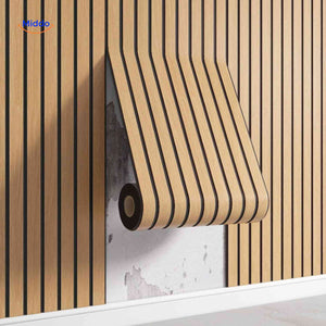 Light oak 3D self-adhesive slat wall panel roll with warm natural grain finish.