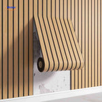 Light oak 3D self-adhesive slat wall panel roll with warm natural grain finish.