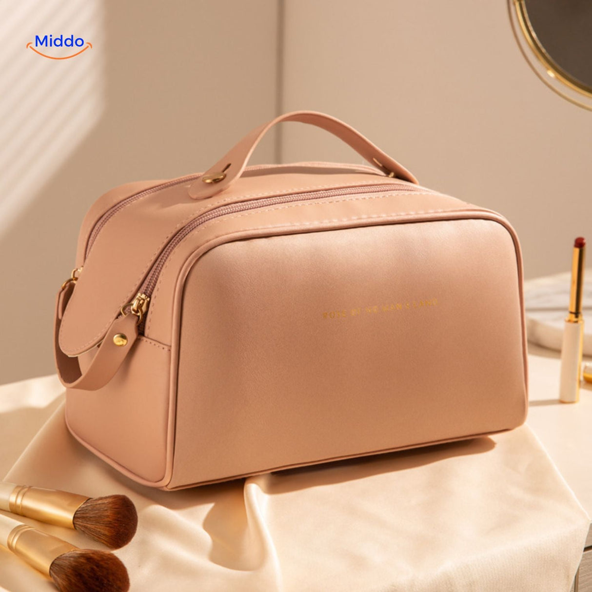 Light pink cosmetic travel pouch for makeup storage