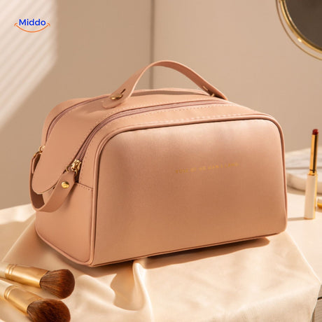 Light pink cosmetic travel pouch for makeup storage