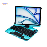 Lightweight blue iPad keyboard case for portability.