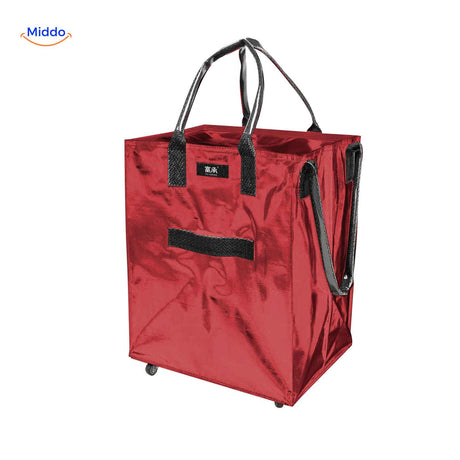 Lightweight red folding shopping trolley with handles and smooth wheels