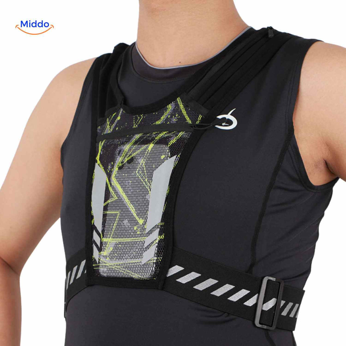 Lightweight reflective running harness vest designed for visibility and comfort during outdoor activity.