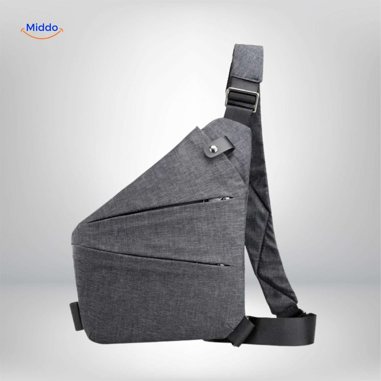Lightweight gray Stratos sling bag product close-up.