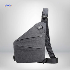 Lightweight gray Stratos sling bag product close-up.