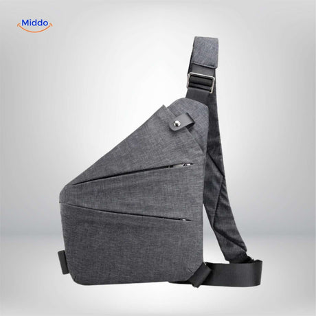 Lightweight gray Stratos sling bag product close-up.