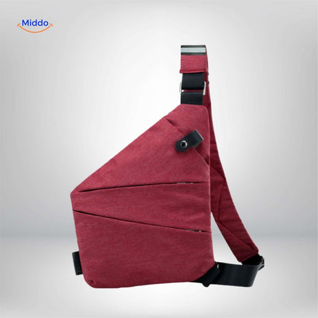 Lightweight adjustable red sling bag everyday carry.
