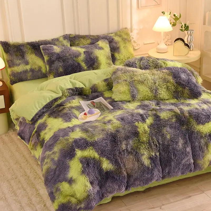 Teddy Fluffy fleece bedding set in Lime and Purple Tie-Dye