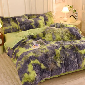 Teddy Fluffy fleece bedding set in Lime and Purple Tie-Dye