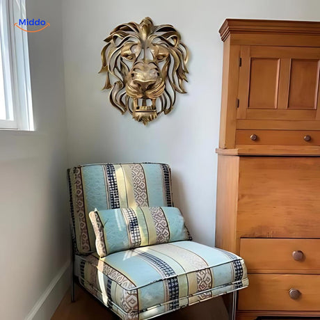 Resin lion head sculpture displayed in a stylish living room wall installation.