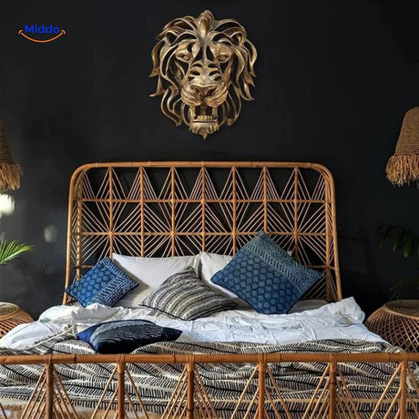 Luxury lion head wall sculpture positioned above a bedroom headwall for statement décor.
