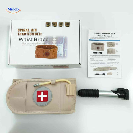 Lumbar band with black hand pump and air valve for easy adjustment.